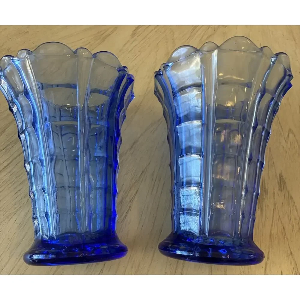 2 Vintage Cobalt Blue Pressed Glass Vases Ruffled Scalloped Edge Mid Century